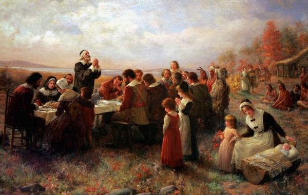 Painting: The First Thanksgiving, by Jennie Brownscombe, 1914.