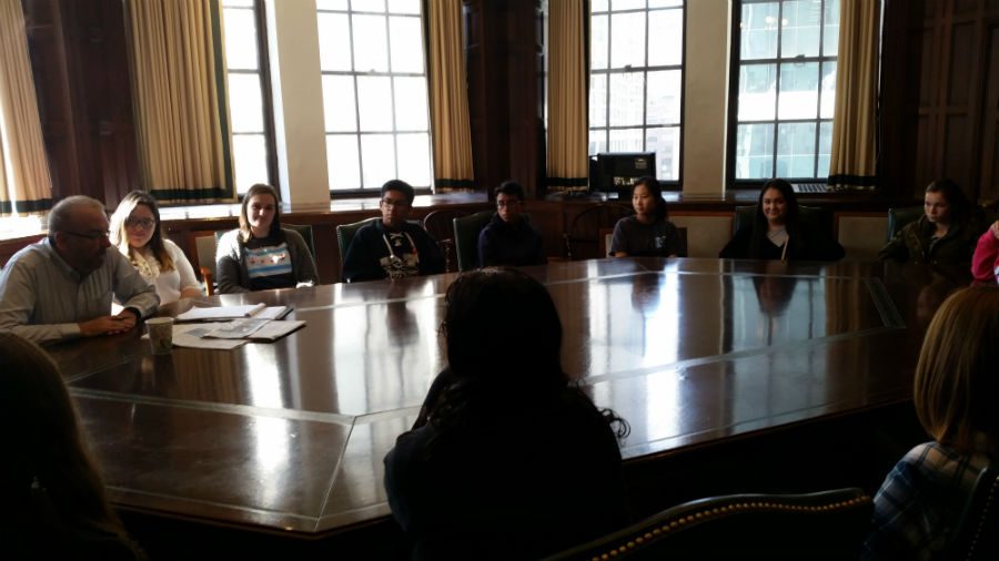 During a visit to The Chicago Tribune, members of the Announcer staff learn about the history of The Chicago Tribune  and Tribune Tower from Editor Page Editor, John McCormick. 