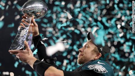 Photo Credit: CNN - Nick Foles holds championship trophy