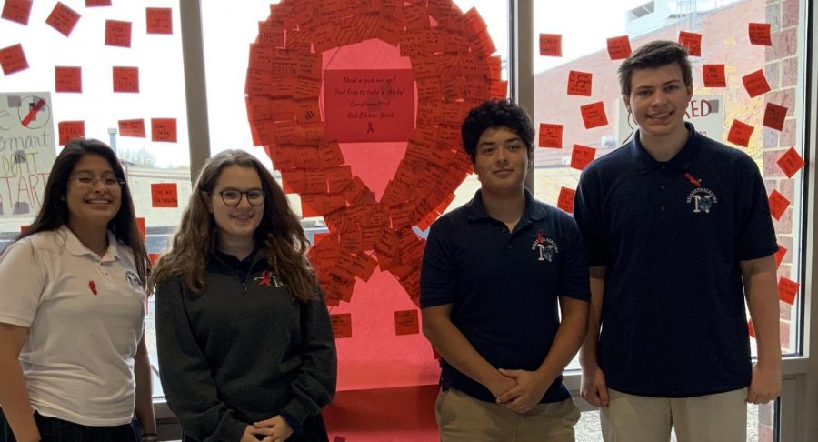 Freshmen Michelle Toledano and Hannah Cole and Seniors Juan Ramirez and Adam Korinek support Red Ribbon Week