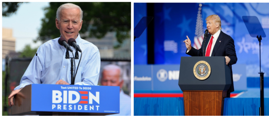 Left, Former Vice President Joe Biden at his kickoff rally for his 2020 Presidential campaign on May 18, 2019.  Right, President Trump at the Conservative Political Action Conference on February 24, 2017
