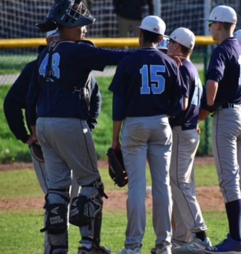 Nazareth baseball players huddle pre-COVID-19