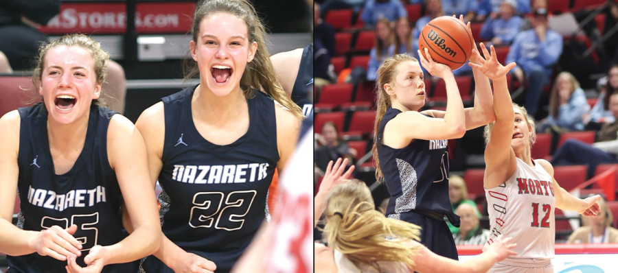 left: Sophomore Amalia Dray and Junior Gracie Carstensen in the State semi-final game versus Morton on March 4, 2022 at Illinois State University. 
right: Senior Caroline Workman in the State semi-final game versus Morton on March 4, 2022 at Illinois State University. 