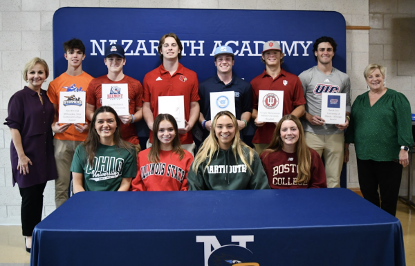 
Ten seniors student-athletes are joined by Principal Therese Hawkins and President Deborah Tracy on Signing Day.
