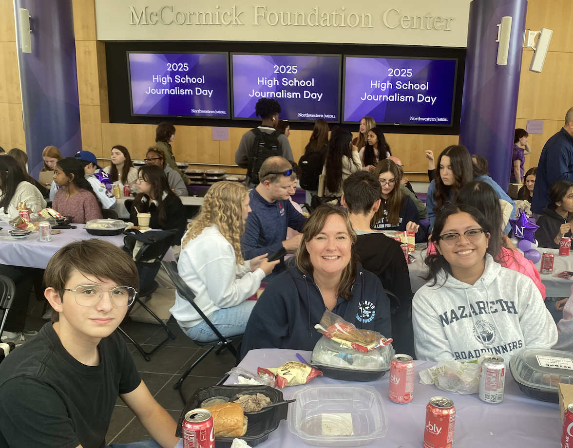 Lunch with student journalists from across Chicagoland. Pena, Sheehan and Argueta enjoying their boxed lunches.