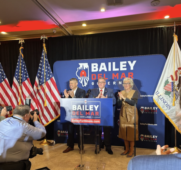 From the left: Arron Del Mar, Darren Bailey and his wife Cindy Bailey at his campaign launch in Oak Brook. 
